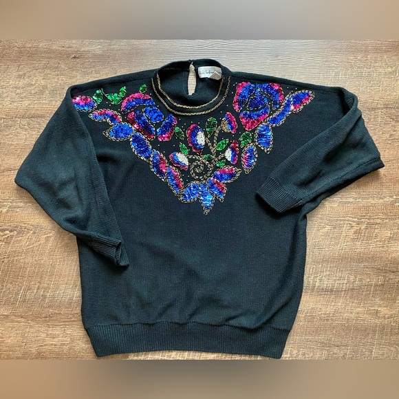 VICKI INTERNATIONAL sequin bedazzled vintage sweater glam granny party MINT sz M - Picture 9 of 13